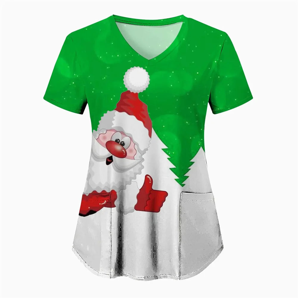 Women’s Christmas Nursing Scrub Top – V-Neck Short Sleeve Medical Uniform Blouse with Pockets