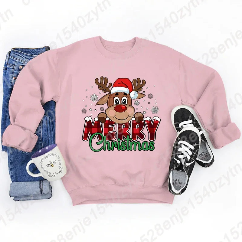 Women’s Festive Christmas Reindeer & Plaid Graphic Sweatshirt – Casual Long Sleeve Crew Neck Winter Top