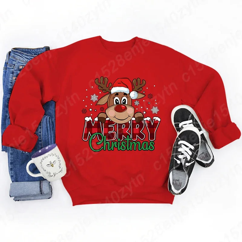 Women’s Festive Christmas Reindeer & Plaid Graphic Sweatshirt – Casual Long Sleeve Crew Neck Winter Top
