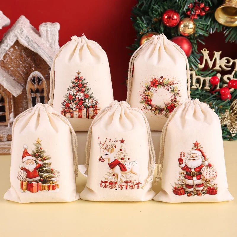 6pcs Christmas Linen Drawstring Gift Bags – Burlap Candy Pouches for Christmas 2025 & New Year 2026
