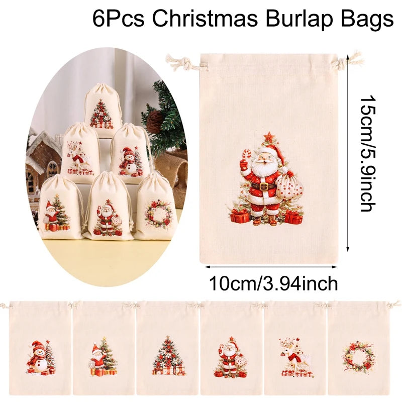 6pcs Christmas Linen Drawstring Gift Bags – Burlap Candy Pouches for Christmas 2025 & New Year 2026