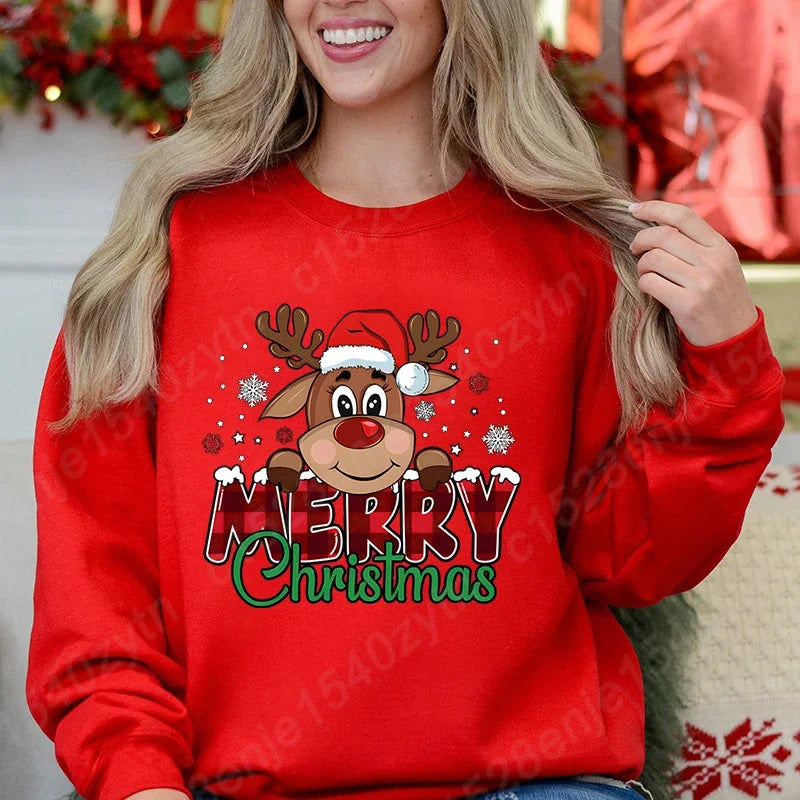 Women’s Festive Christmas Reindeer & Plaid Graphic Sweatshirt – Casual Long Sleeve Crew Neck Winter Top