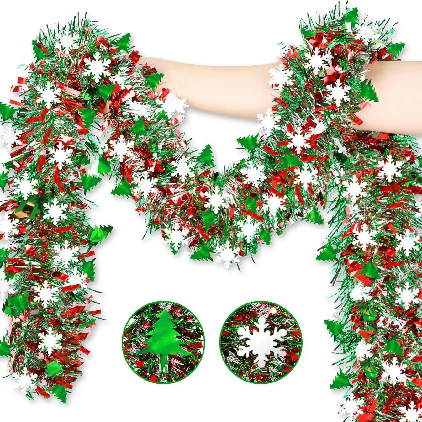 2M Christmas Snowflake Tinsel Garland – Metallic Twist Xmas Tree & Ceiling Decoration | Holiday Party & New Year 2026 Decor
