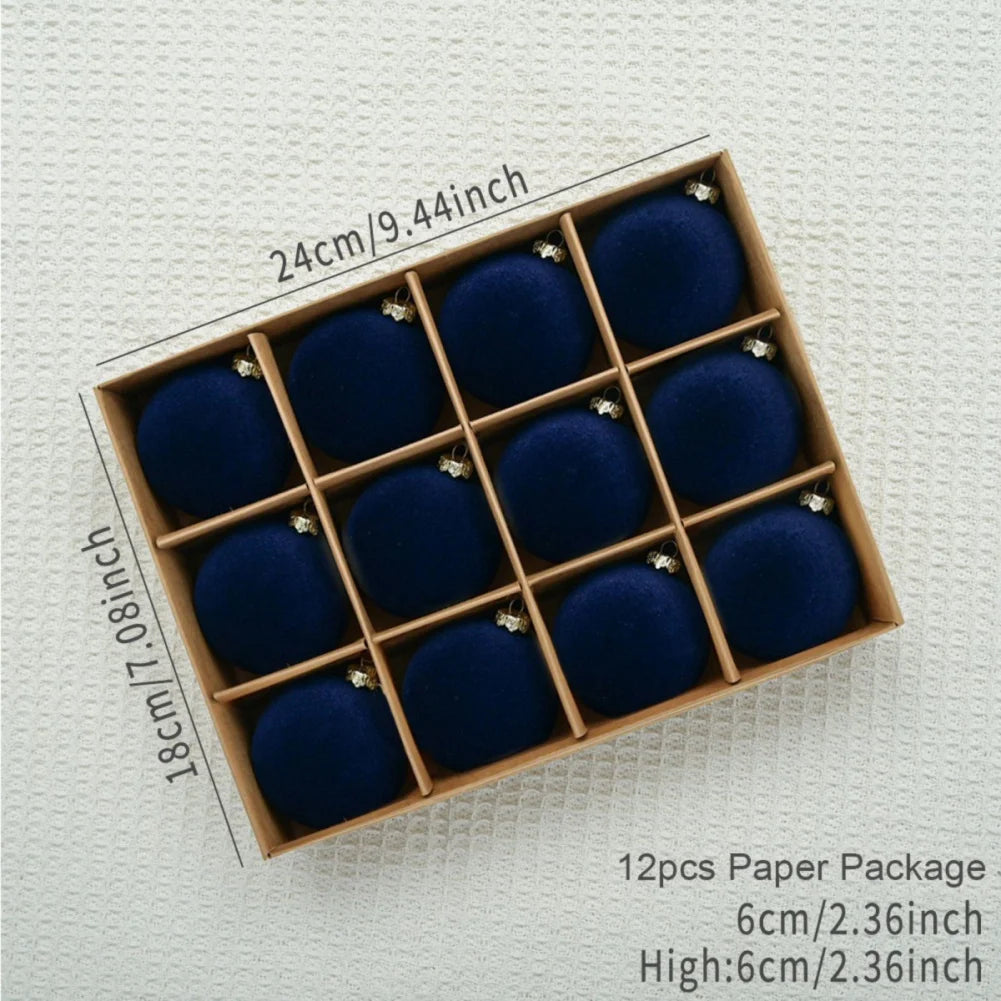 12 pcs Velvet Christmas Balls Set – 6cm Tree Ornaments with Gift Box | 2025 Xmas & New Year 2026 Decorative Baubles