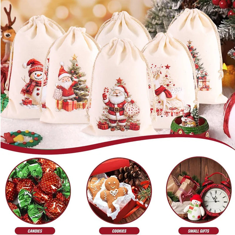 6pcs Christmas Linen Drawstring Gift Bags – Burlap Candy Pouches for Christmas 2025 & New Year 2026