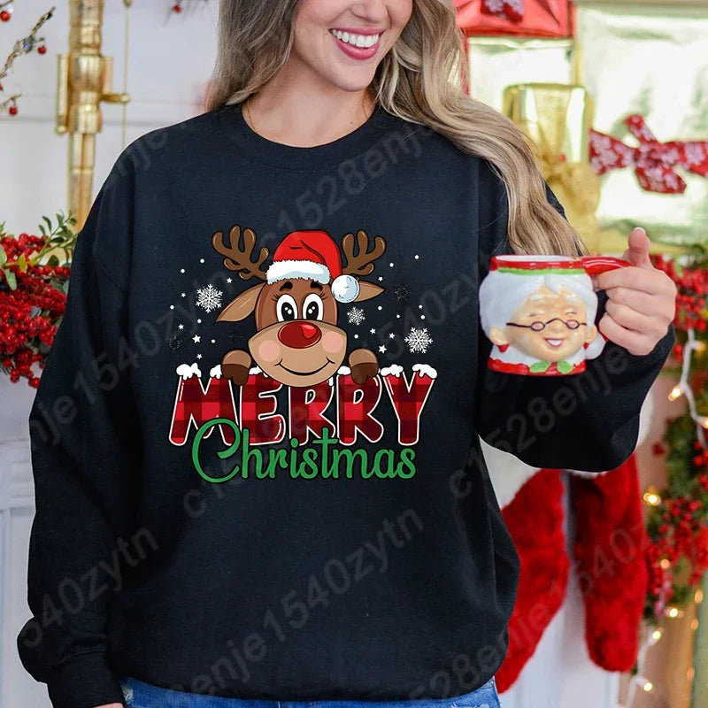 Women’s Festive Christmas Reindeer & Plaid Graphic Sweatshirt – Casual Long Sleeve Crew Neck Winter Top
