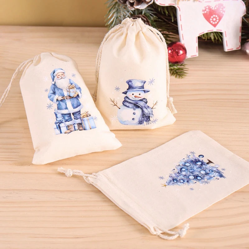 6pcs Christmas Linen Cotton Gift Bags – 2025 Merry Christmas Candy Pouch Set