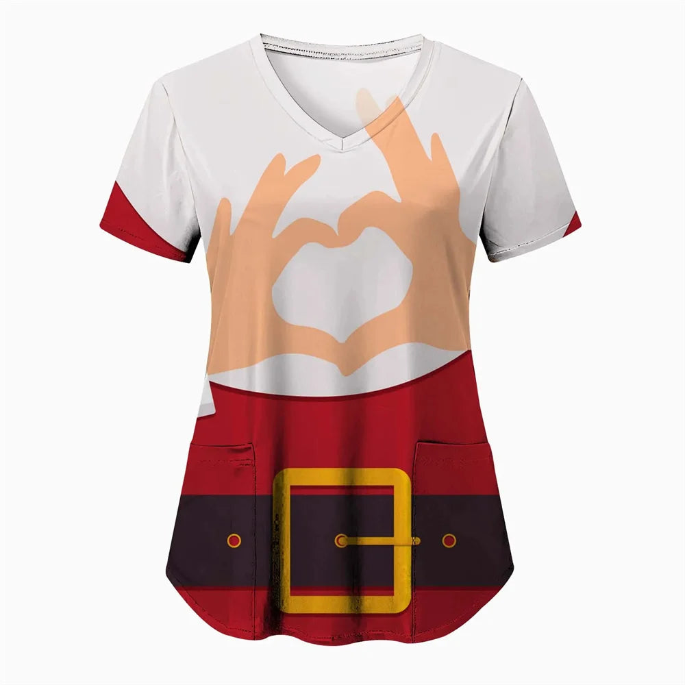 Women’s Christmas Nursing Scrub Top – V-Neck Short Sleeve Medical Uniform Blouse with Pockets