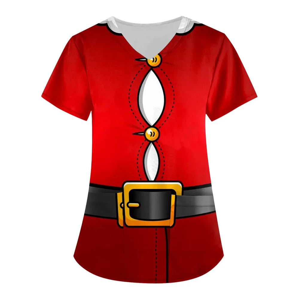 Women’s Christmas Nursing Scrub Top – V-Neck Short Sleeve Medical Uniform Blouse with Pockets