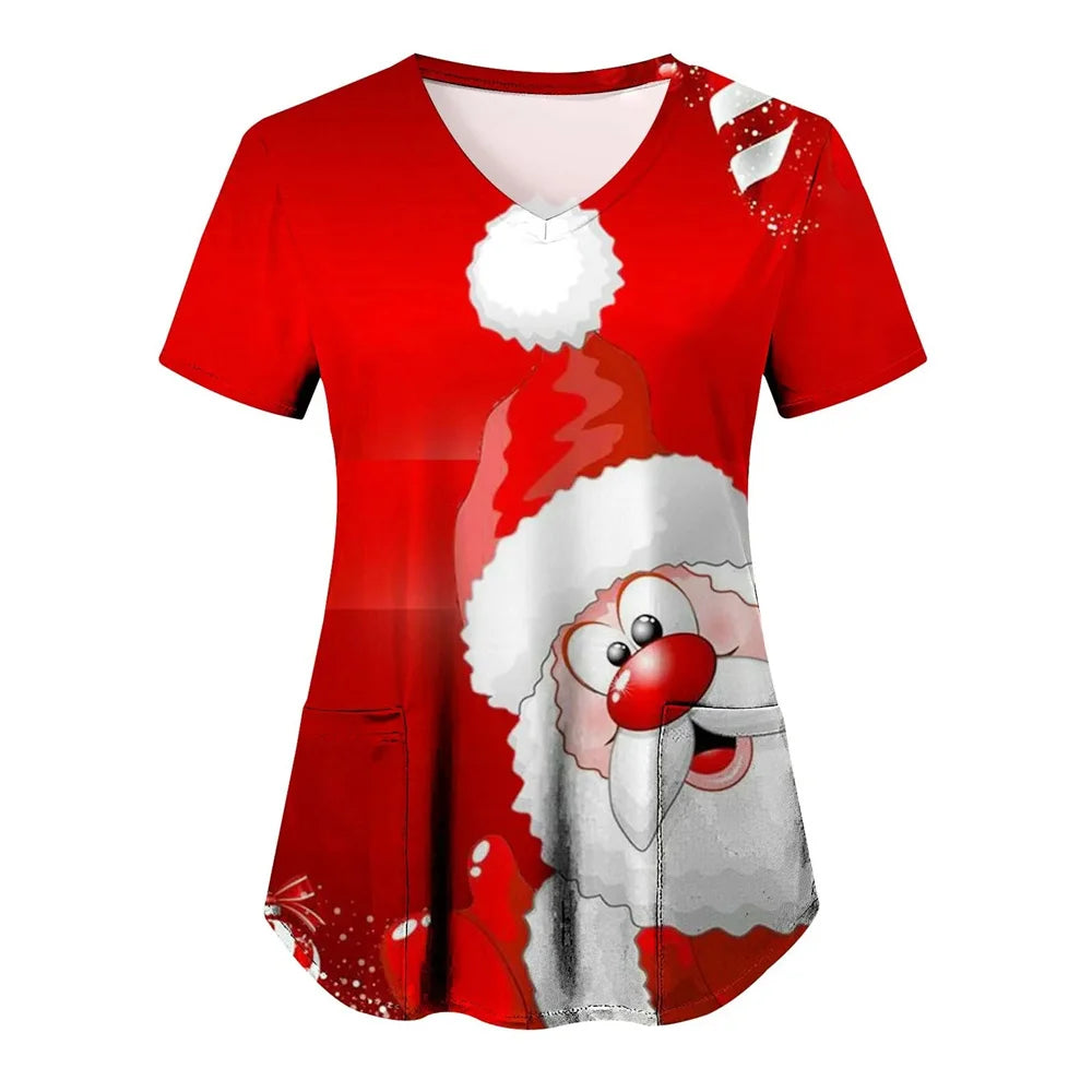 Women’s Christmas Nursing Scrub Top – V-Neck Short Sleeve Medical Uniform Blouse with Pockets