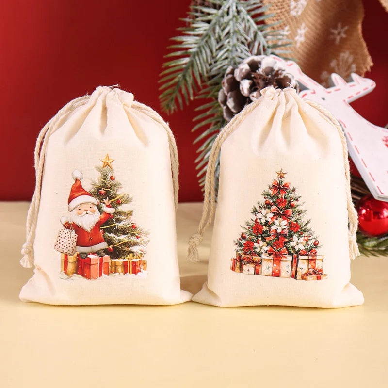6pcs Christmas Linen Drawstring Gift Bags – Burlap Candy Pouches for Christmas 2025 & New Year 2026