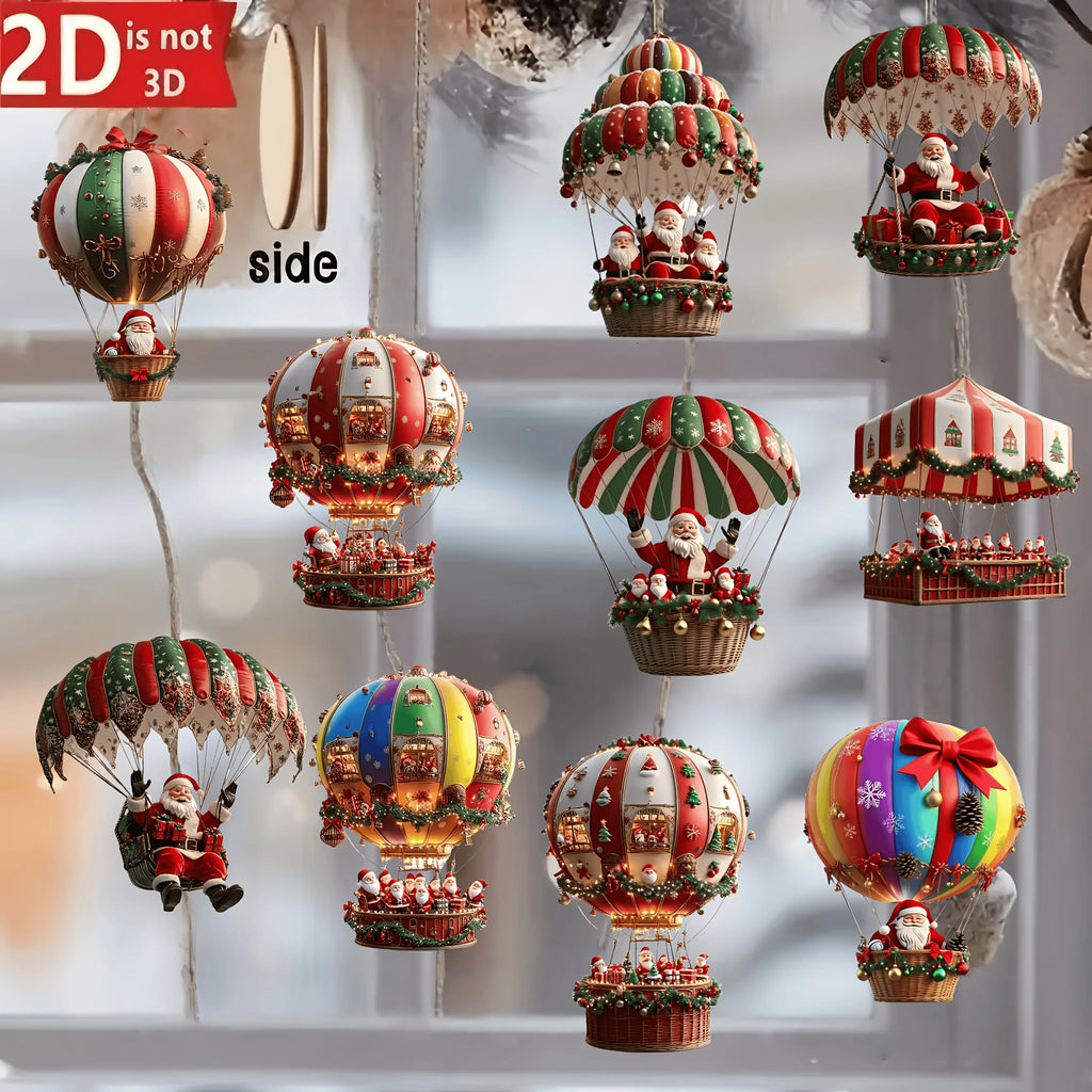 10pcs Wooden Hot Air Balloon Santa Claus Ornaments – 2D Flat Christmas Tree Decorations 2025