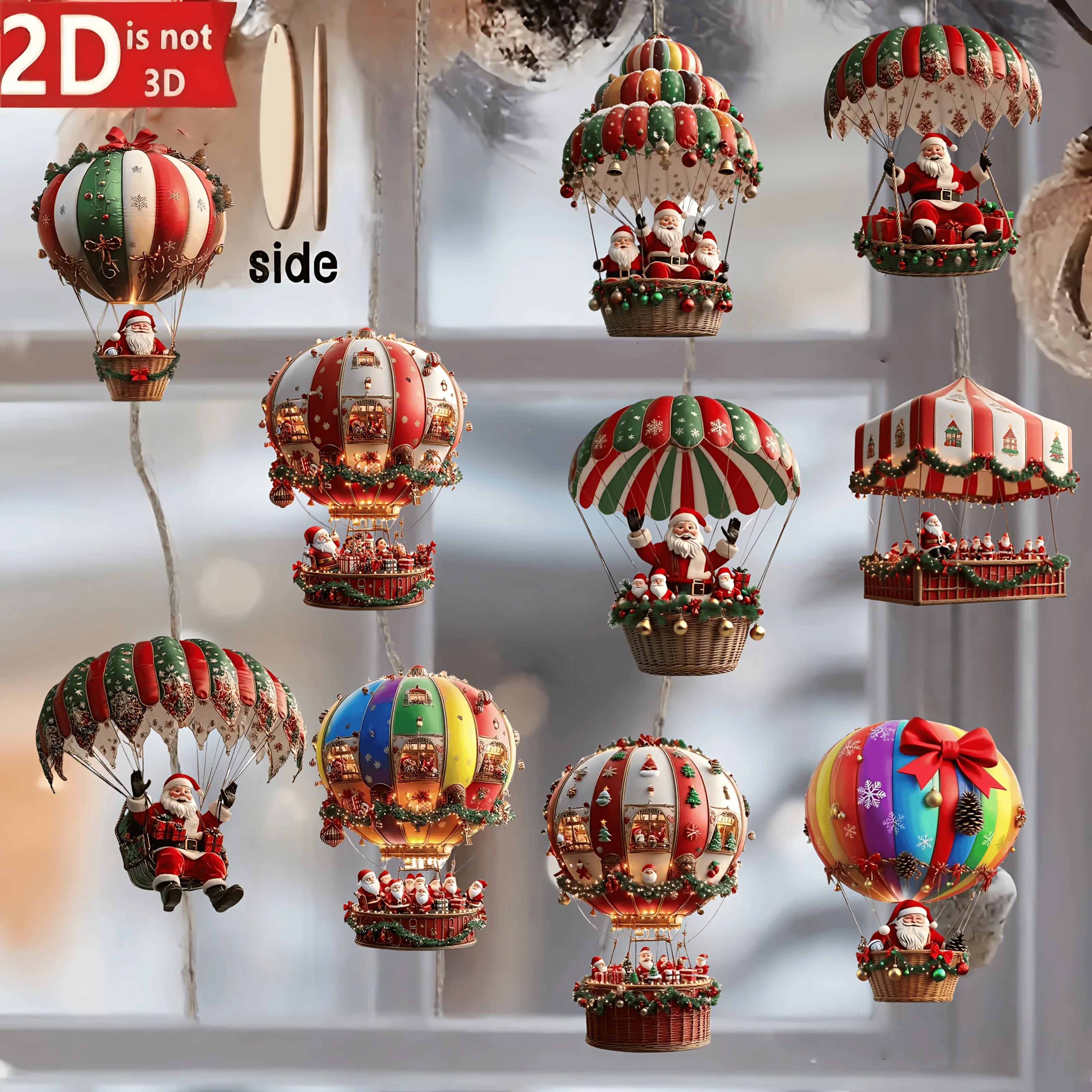 10pcs Wooden Hot Air Balloon Santa Claus Ornaments – 2D Flat Christmas Tree Decorations 2025