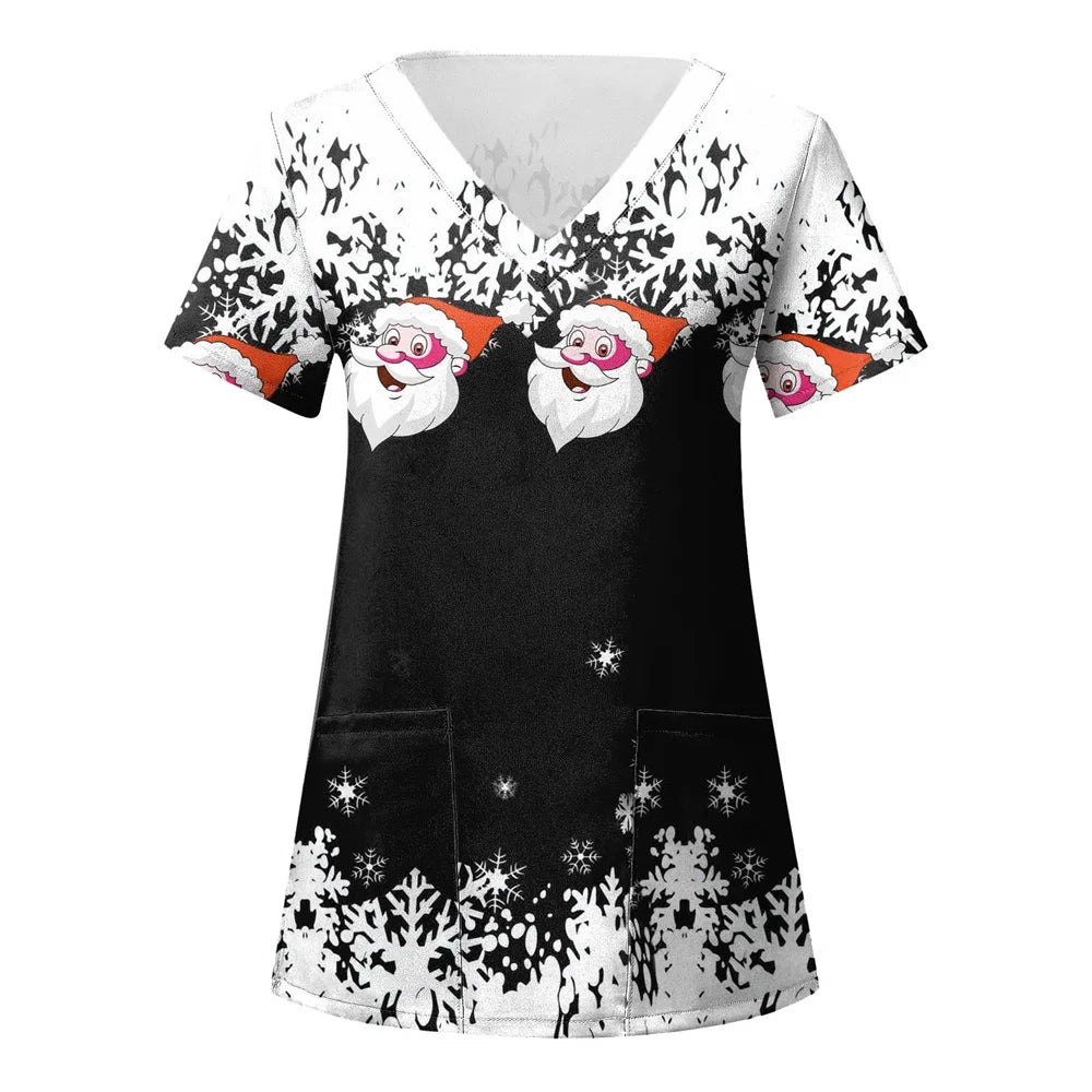 Women’s Christmas Nursing Scrub Top – V-Neck Short Sleeve Medical Uniform Blouse with Pockets