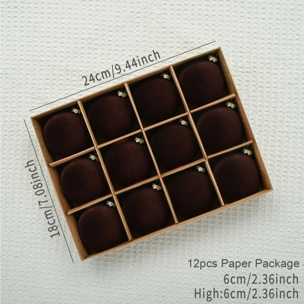 12 pcs Velvet Christmas Balls Set – 6cm Tree Ornaments with Gift Box | 2025 Xmas & New Year 2026 Decorative Baubles