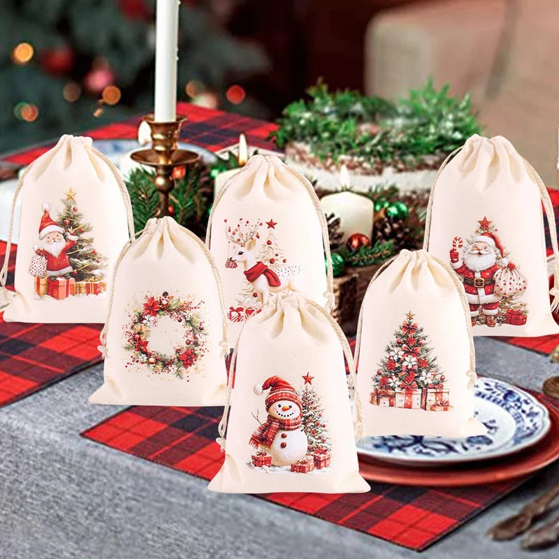 6pcs Christmas Linen Drawstring Gift Bags – Burlap Candy Pouches for Christmas 2025 & New Year 2026
