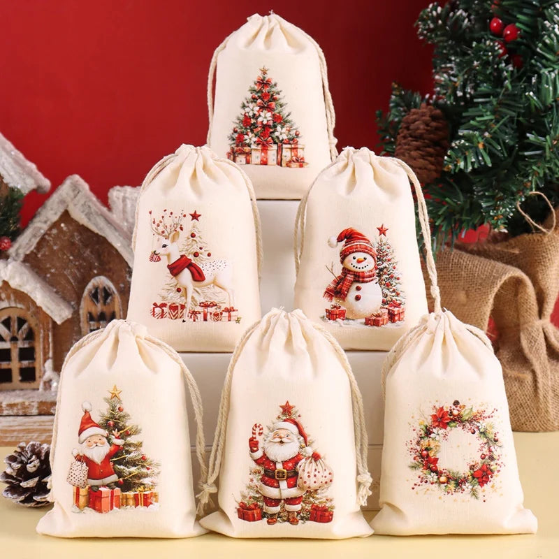 6pcs Christmas Linen Drawstring Gift Bags – Burlap Candy Pouches for Christmas 2025 & New Year 2026