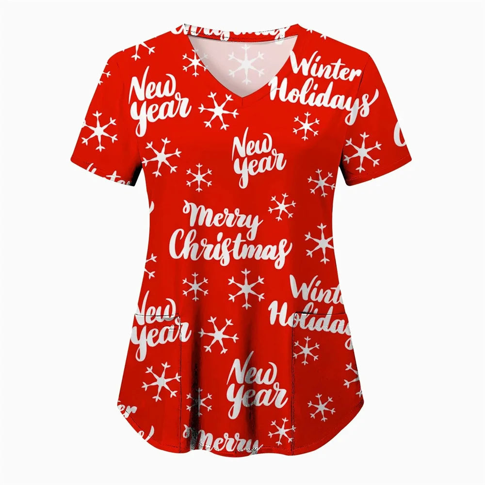 Women’s Christmas Nursing Scrub Top – V-Neck Short Sleeve Medical Uniform Blouse with Pockets