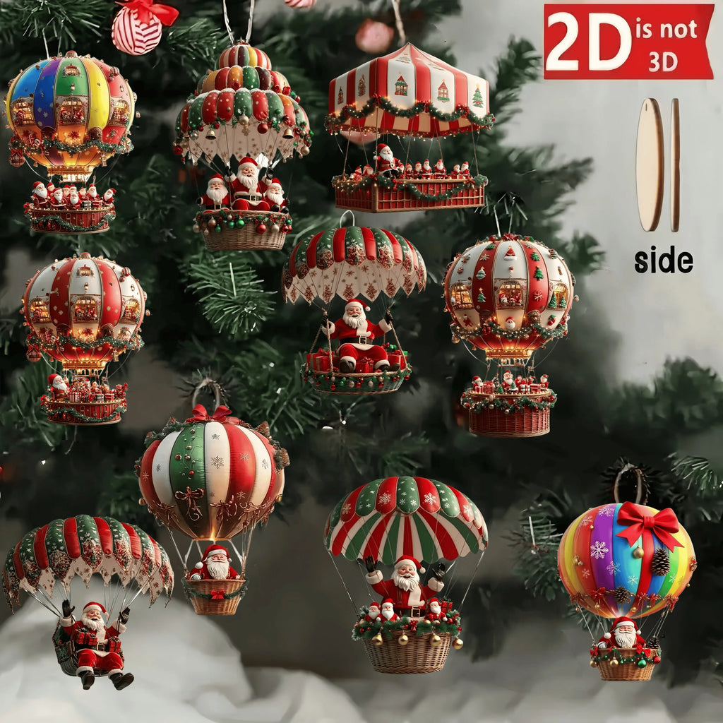 10pcs Wooden Hot Air Balloon Santa Claus Ornaments – 2D Flat Christmas Tree Decorations 2025