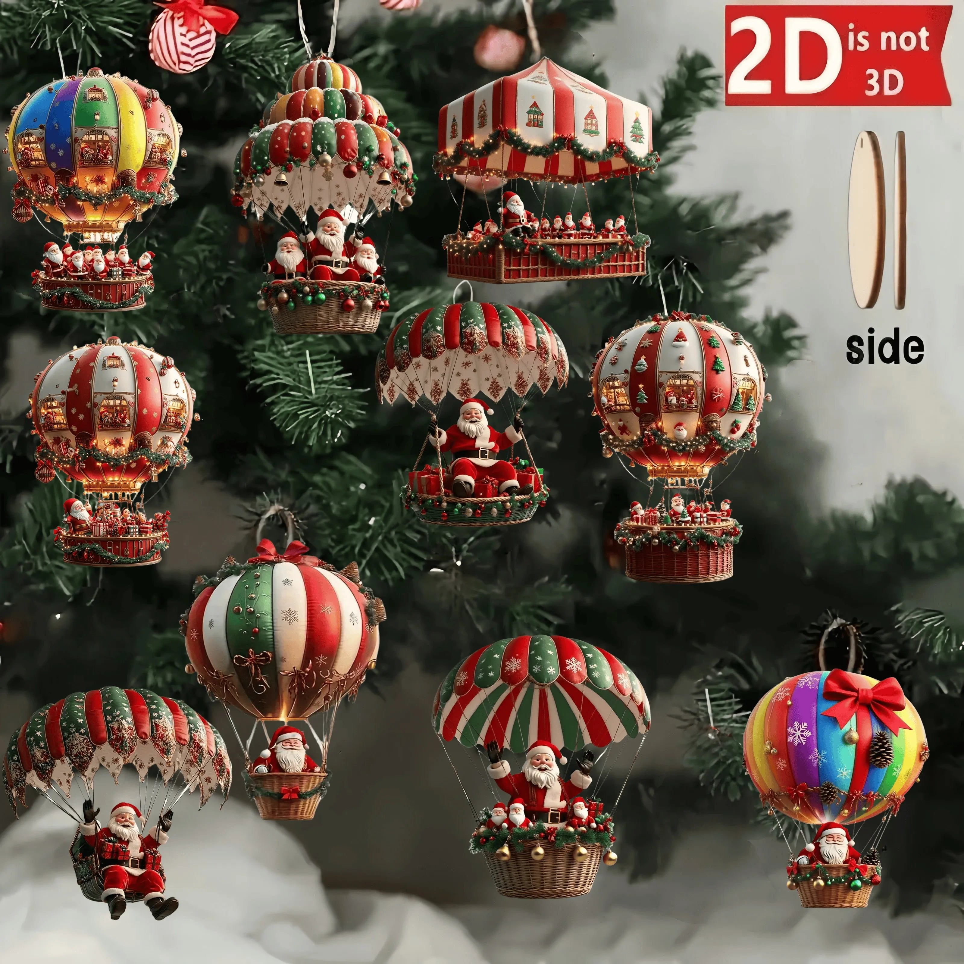 10pcs Wooden Hot Air Balloon Santa Claus Ornaments – 2D Flat Christmas Tree Decorations 2025