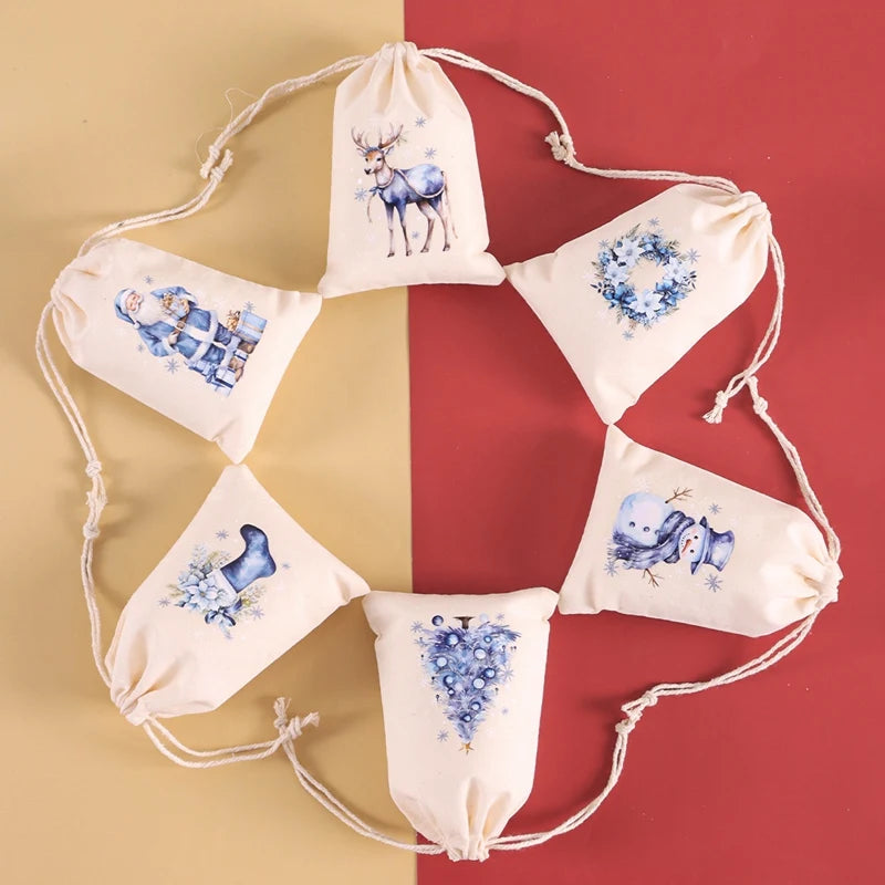 6pcs Christmas Linen Cotton Gift Bags – 2025 Merry Christmas Candy Pouch Set