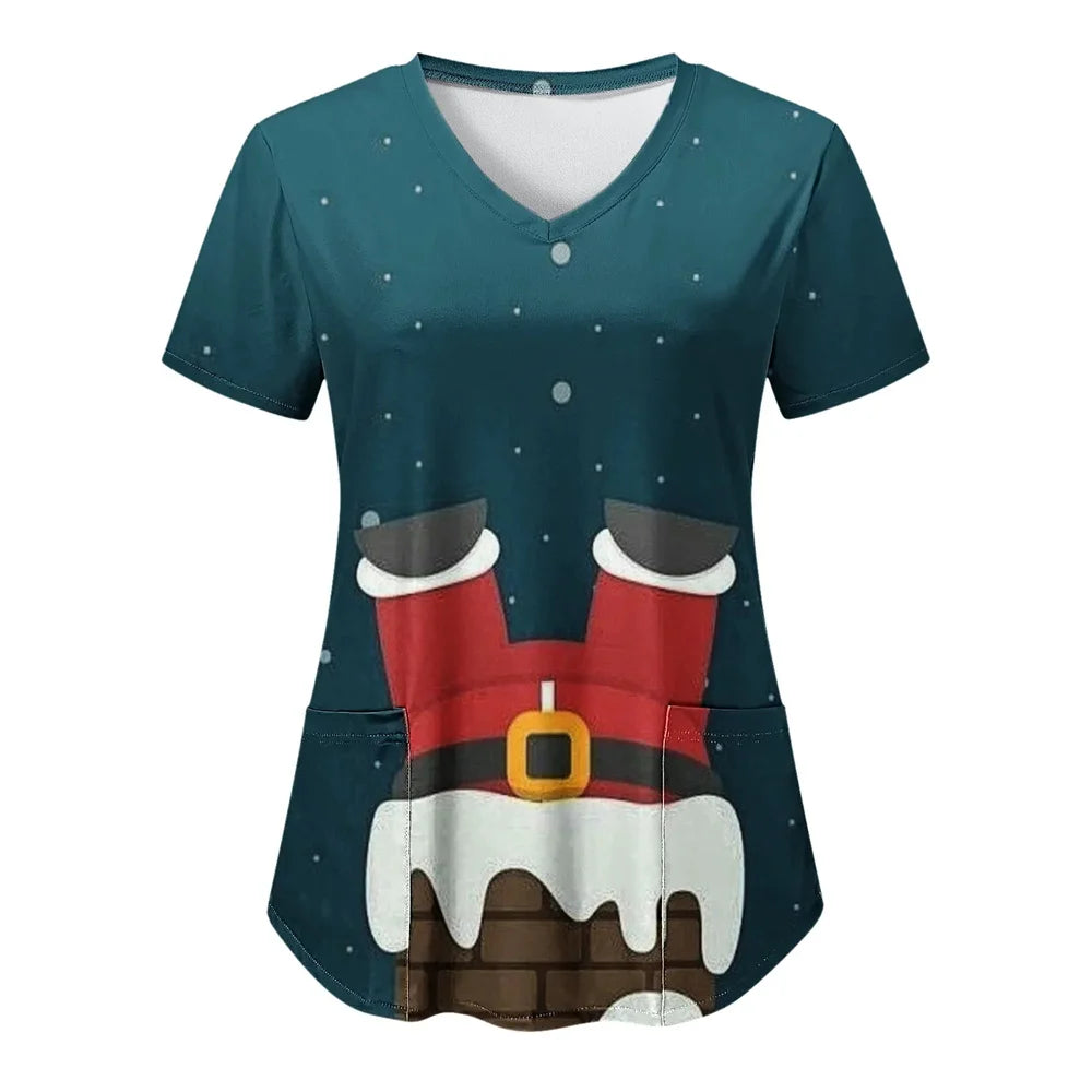 Women’s Christmas Nursing Scrub Top – V-Neck Short Sleeve Medical Uniform Blouse with Pockets
