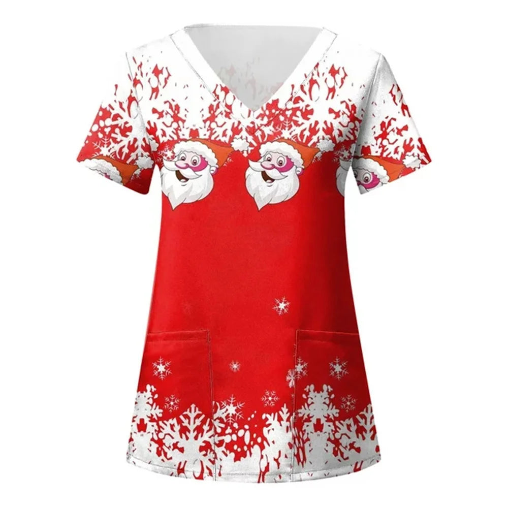 Women’s Christmas Nursing Scrub Top – V-Neck Short Sleeve Medical Uniform Blouse with Pockets