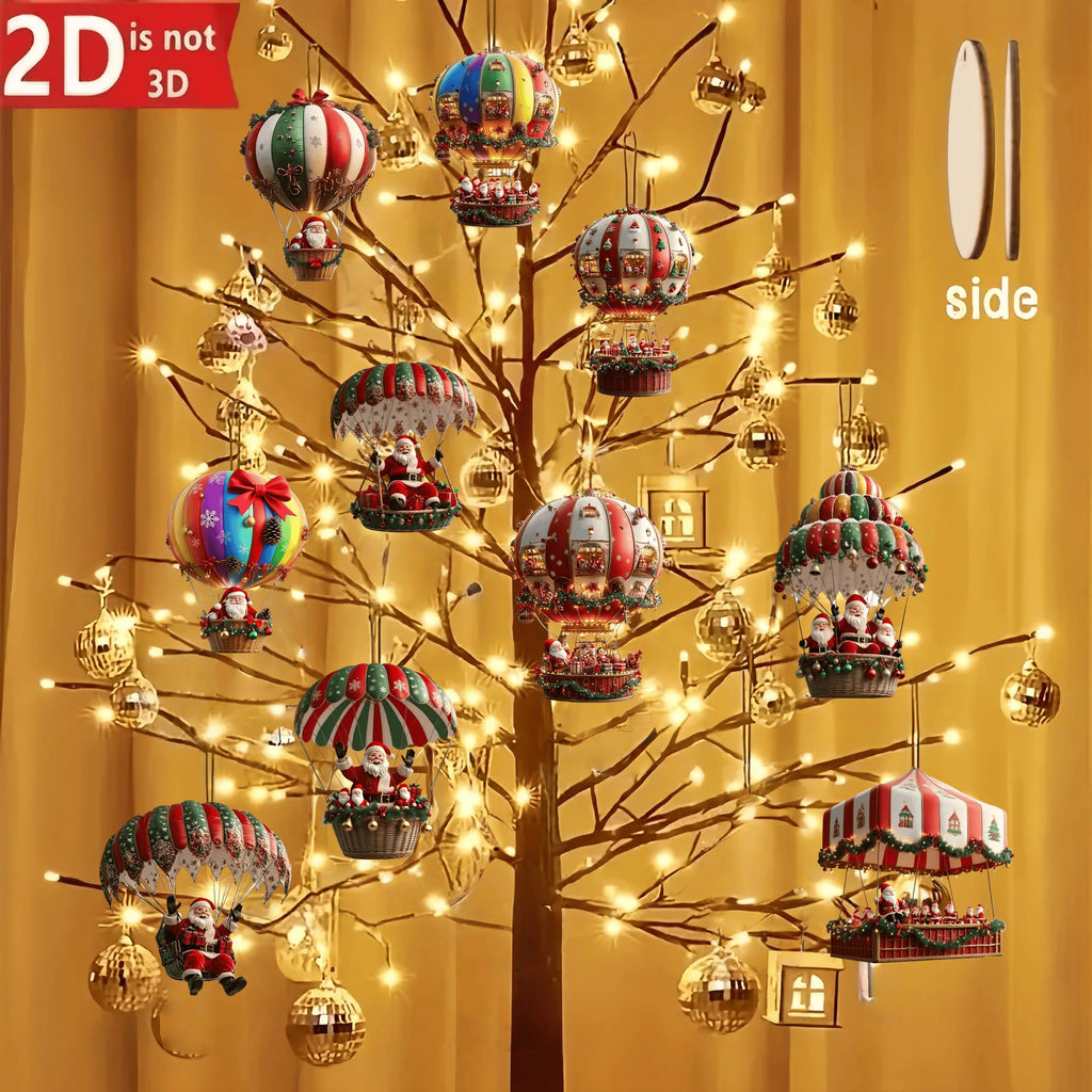10pcs Wooden Hot Air Balloon Santa Claus Ornaments – 2D Flat Christmas Tree Decorations 2025