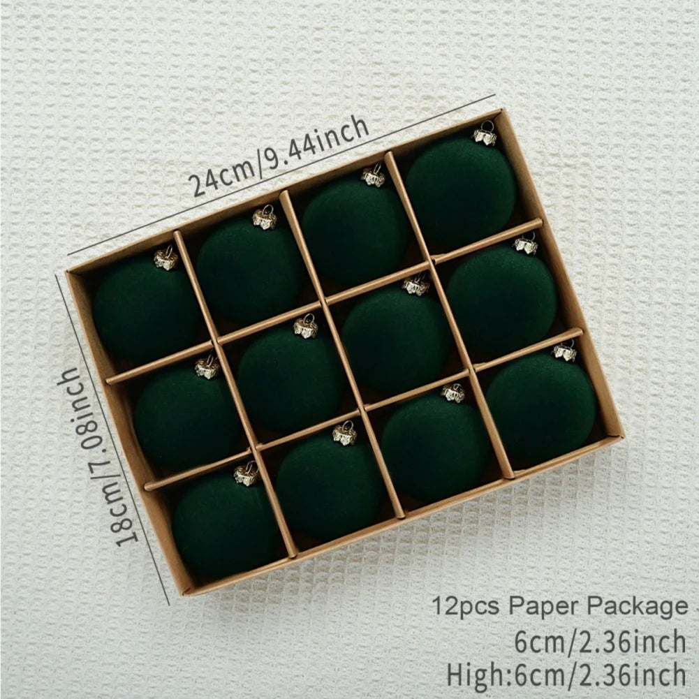 12 pcs Velvet Christmas Balls Set – 6cm Tree Ornaments with Gift Box | 2025 Xmas & New Year 2026 Decorative Baubles