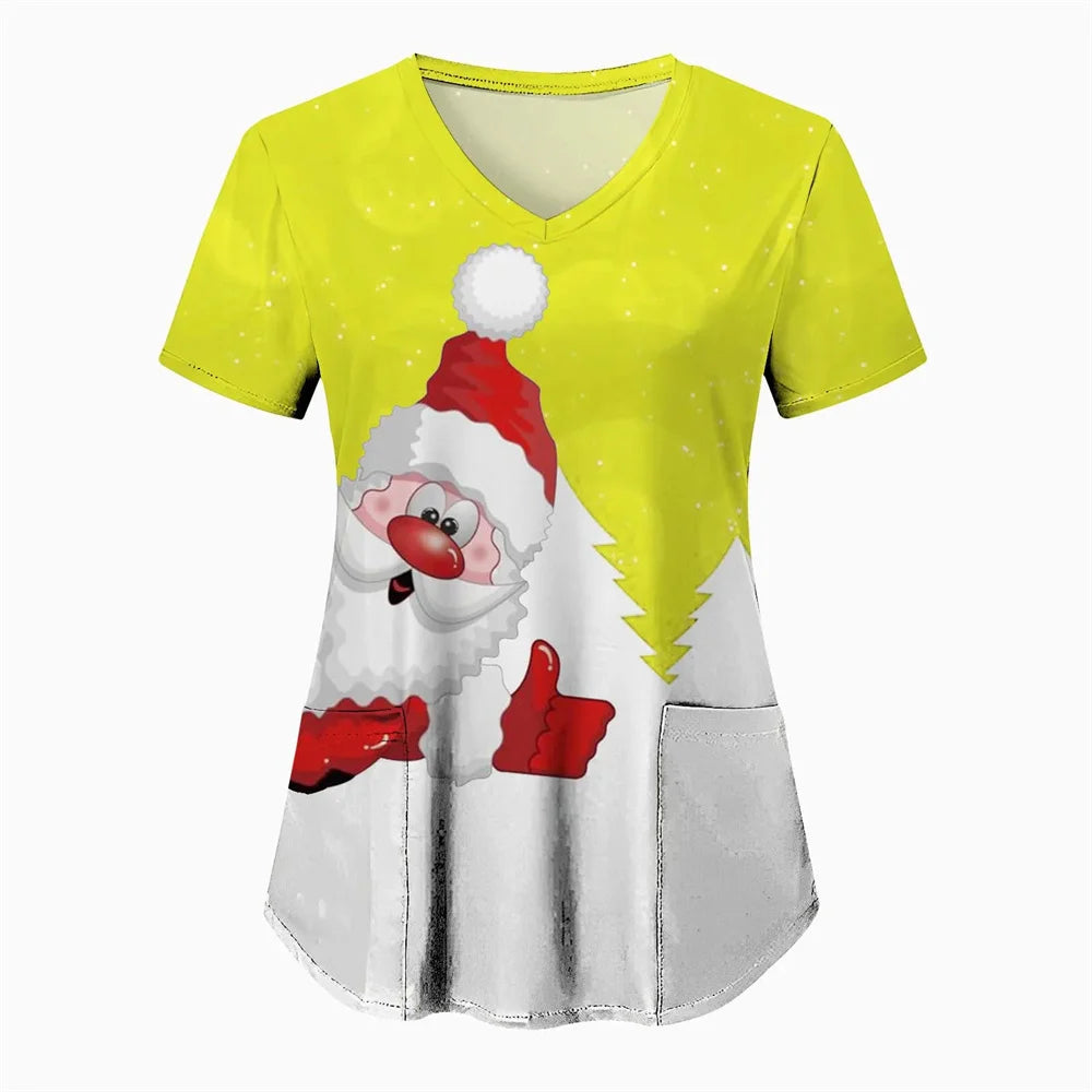 Women’s Christmas Nursing Scrub Top – V-Neck Short Sleeve Medical Uniform Blouse with Pockets