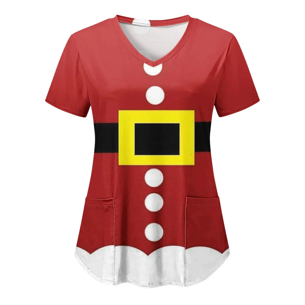 Women’s Christmas Nursing Scrub Top – V-Neck Short Sleeve Medical Uniform Blouse with Pockets