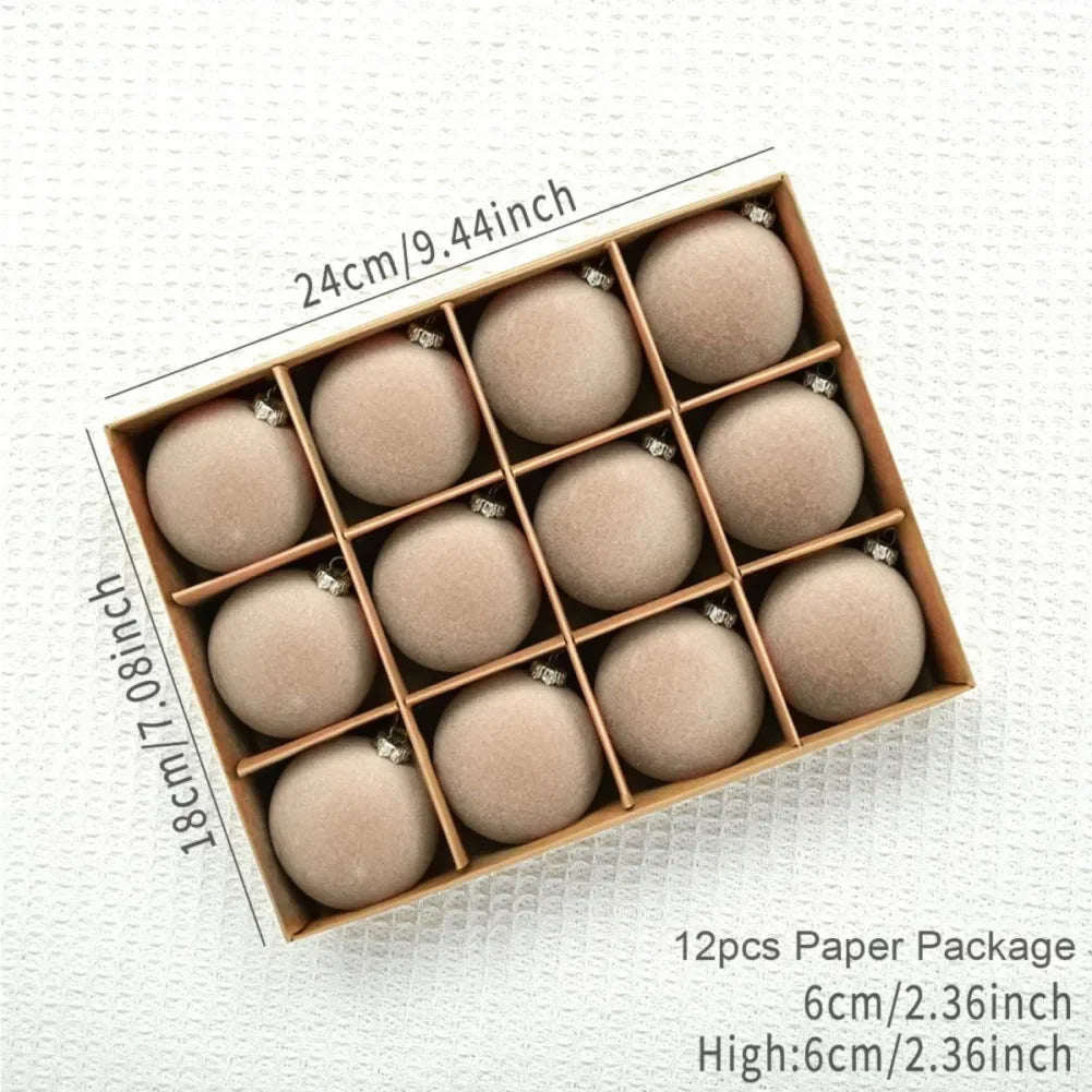 12 pcs Velvet Christmas Balls Set – 6cm Tree Ornaments with Gift Box | 2025 Xmas & New Year 2026 Decorative Baubles