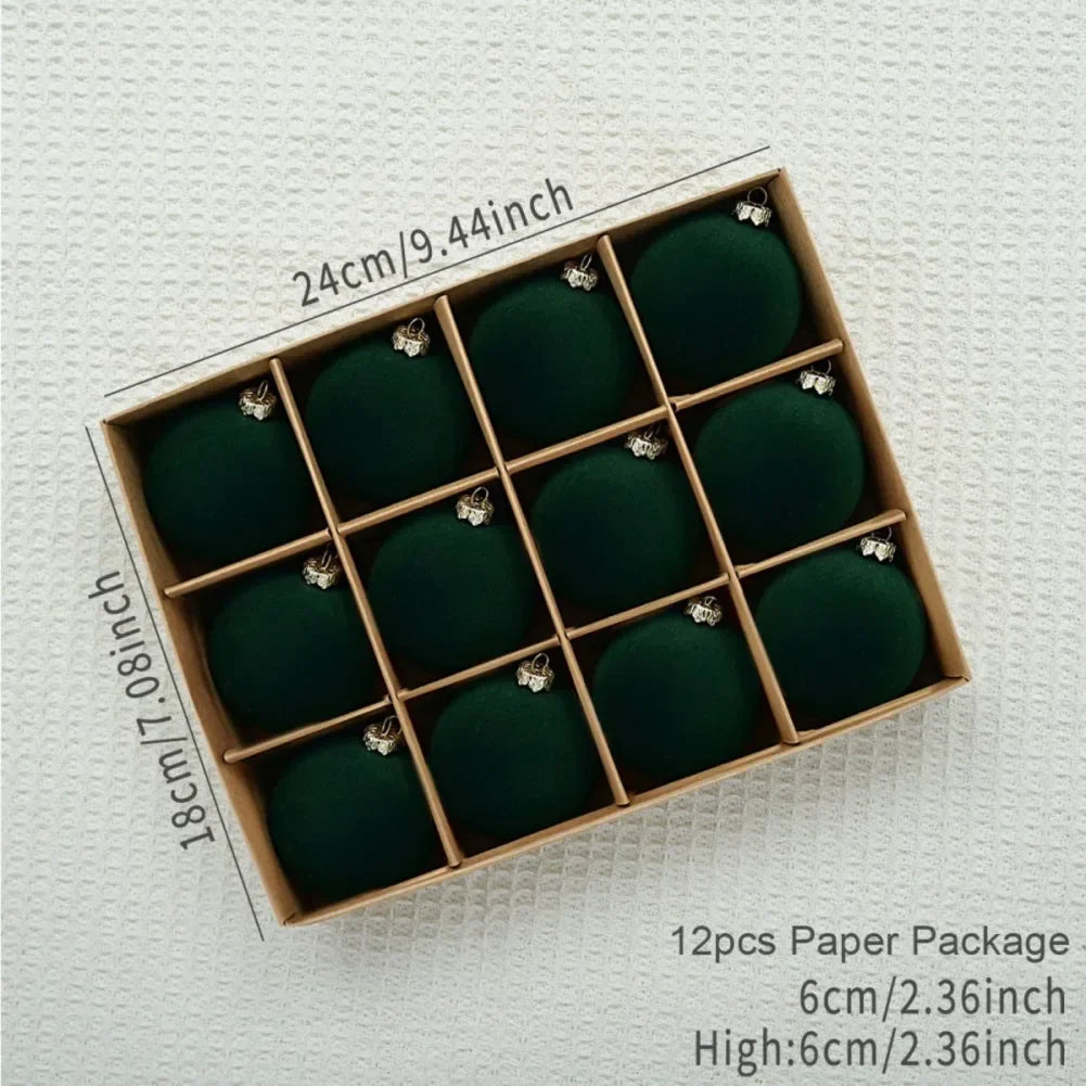 12 pcs Velvet Christmas Balls Set – 6cm Tree Ornaments with Gift Box | 2025 Xmas & New Year 2026 Decorative Baubles