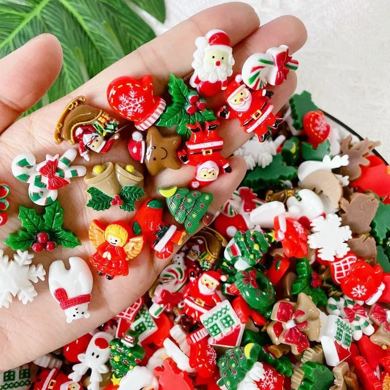 50pcs Resin Christmas Flatbacks – Mixed Santa, Snowman, Snowflake, Holly & Tree Cabochons for DIY Crafts
