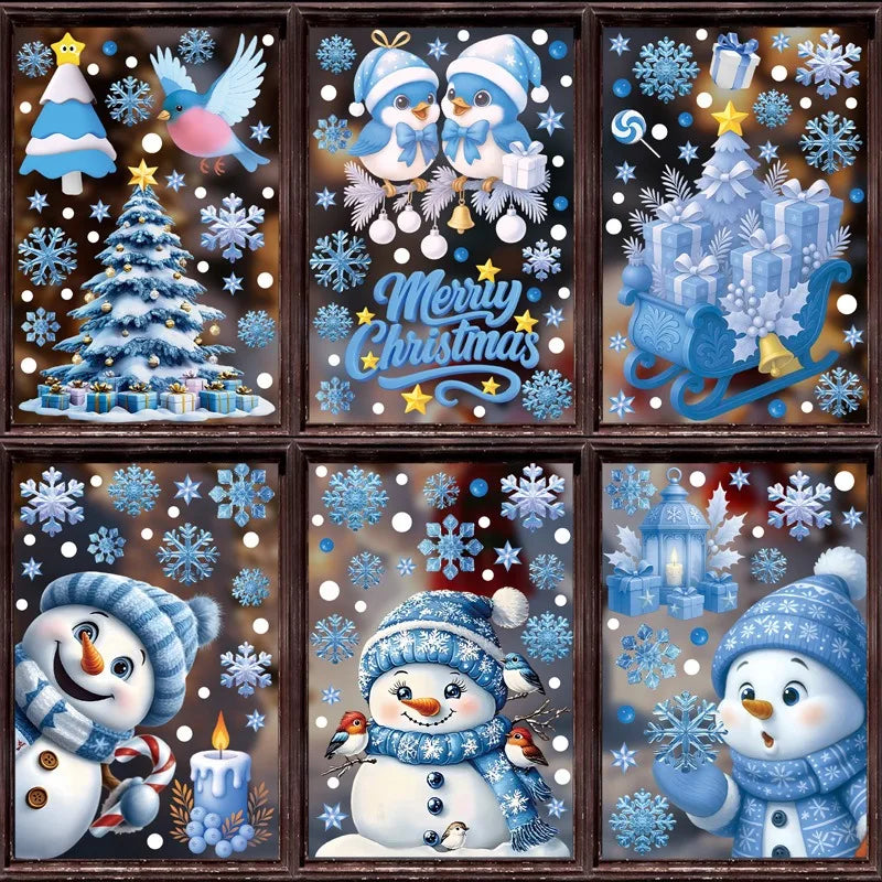 Christmas Blue Snowman Window Stickers – Santa, Elk & Snowflake Decals | Merry Christmas 2025 & Happy New Year 2026 Decor