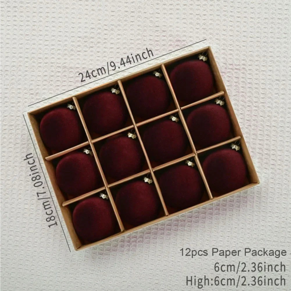 12 pcs Velvet Christmas Balls Set – 6cm Tree Ornaments with Gift Box | 2025 Xmas & New Year 2026 Decorative Baubles