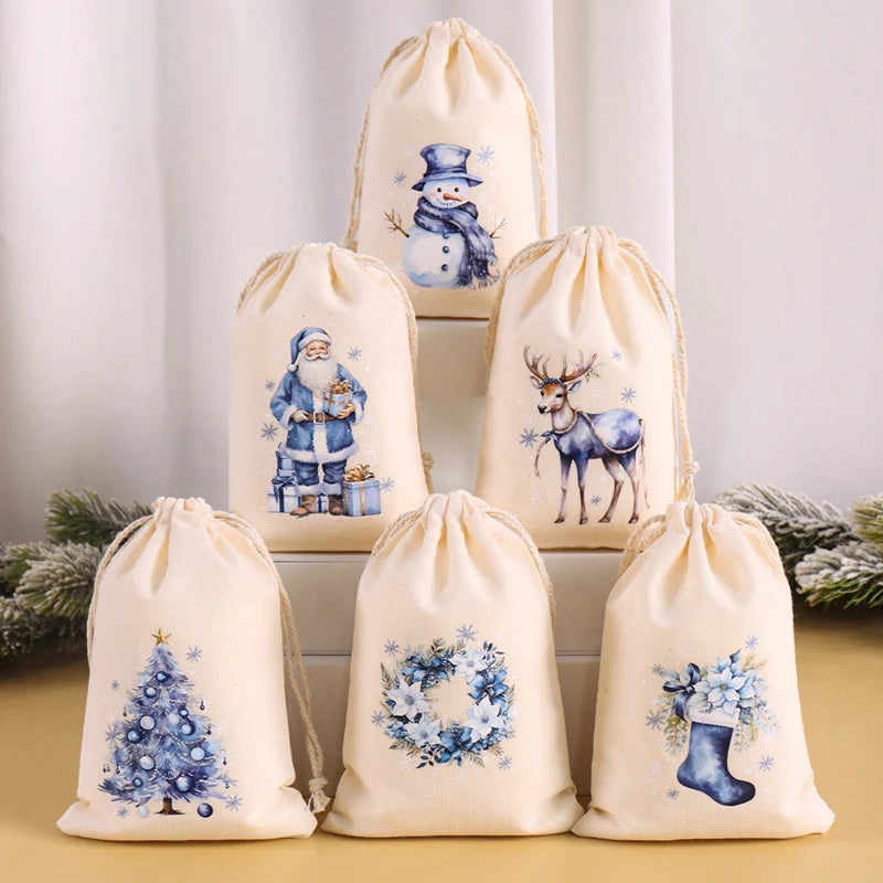 6pcs Christmas Linen Cotton Gift Bags – 2025 Merry Christmas Candy Pouch Set