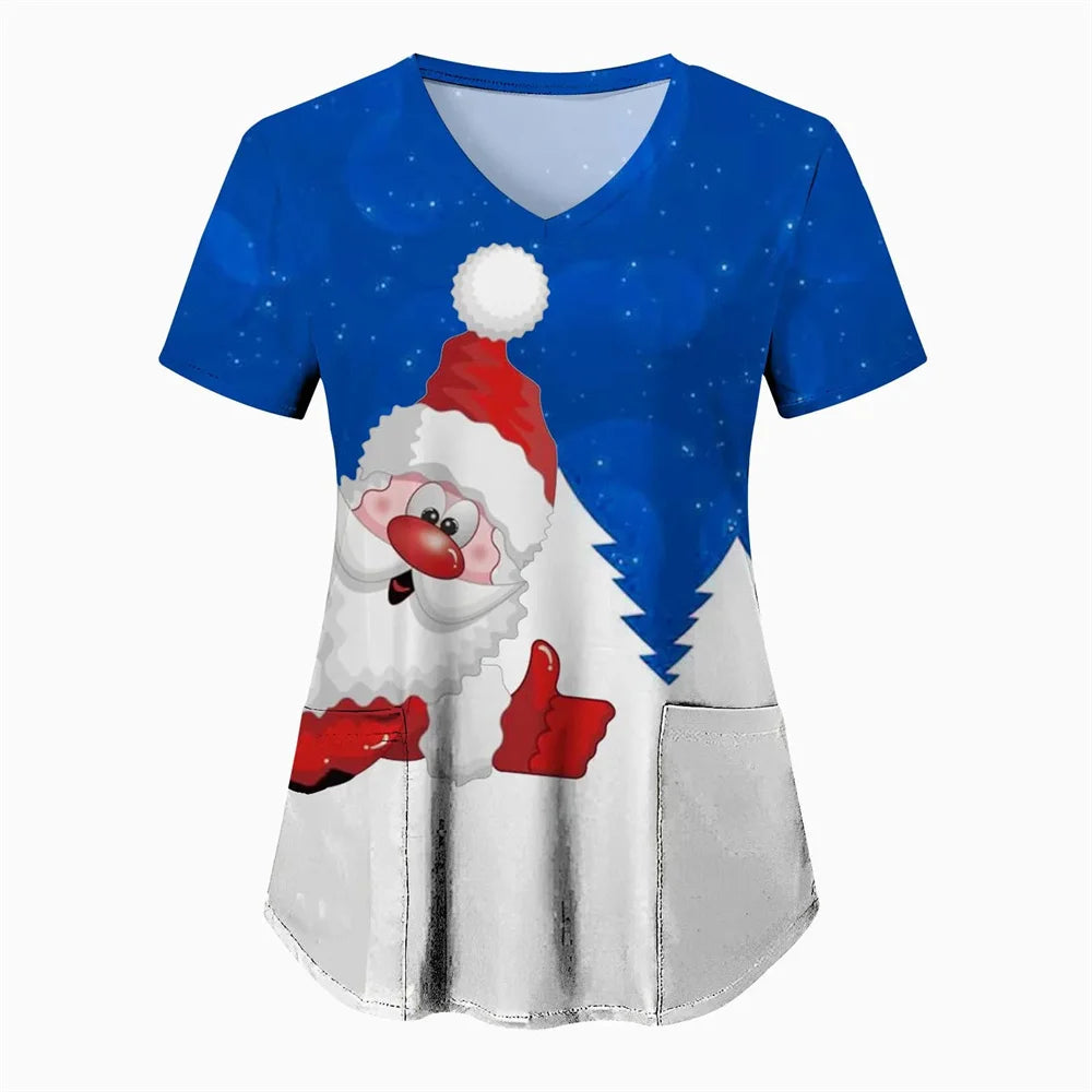 Women’s Christmas Nursing Scrub Top – V-Neck Short Sleeve Medical Uniform Blouse with Pockets