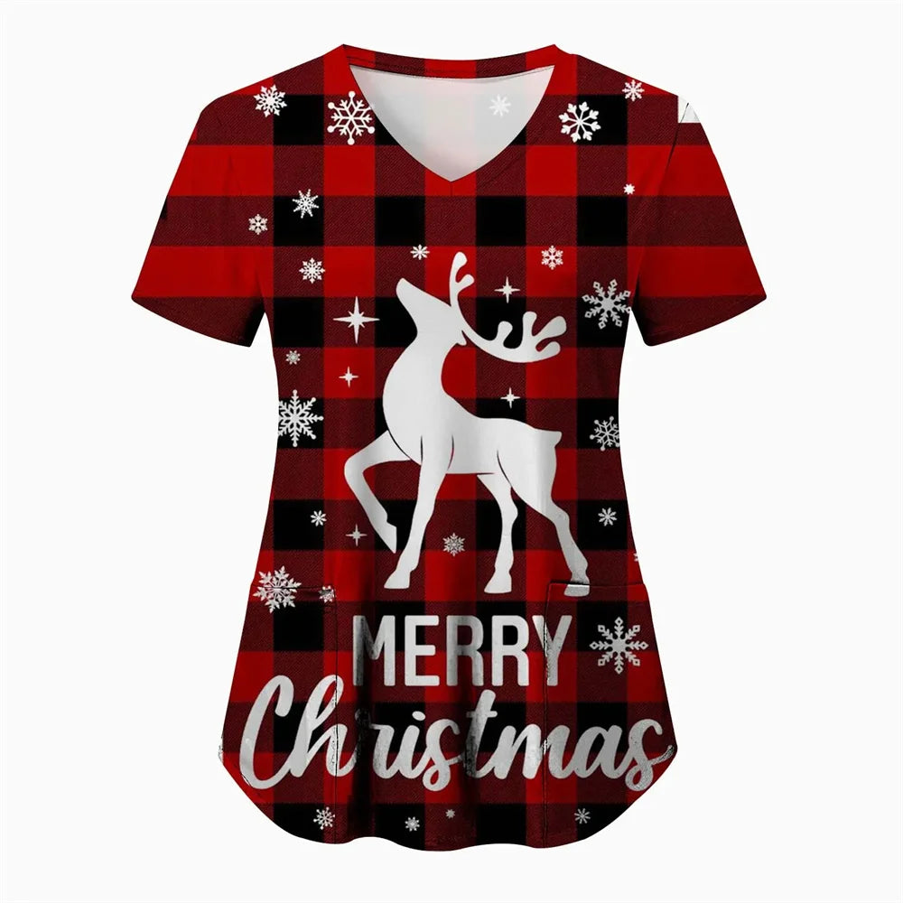 Women’s Christmas Nursing Scrub Top – V-Neck Short Sleeve Medical Uniform Blouse with Pockets