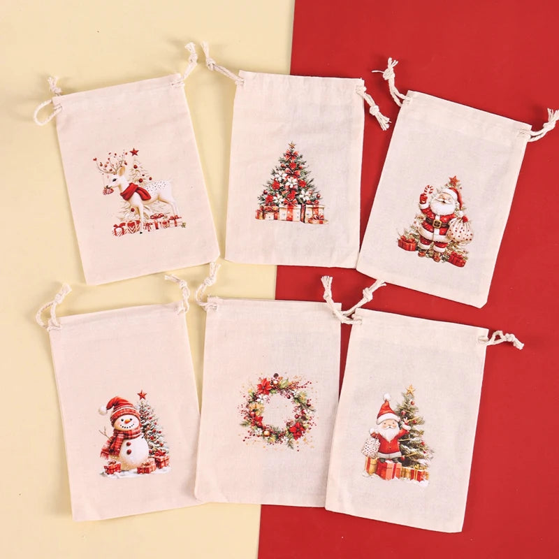 6pcs Christmas Linen Drawstring Gift Bags – Burlap Candy Pouches for Christmas 2025 & New Year 2026