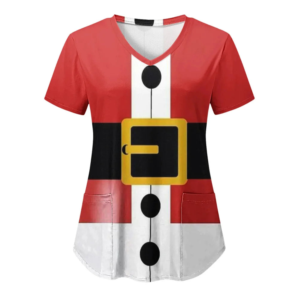 Women’s Christmas Nursing Scrub Top – V-Neck Short Sleeve Medical Uniform Blouse with Pockets