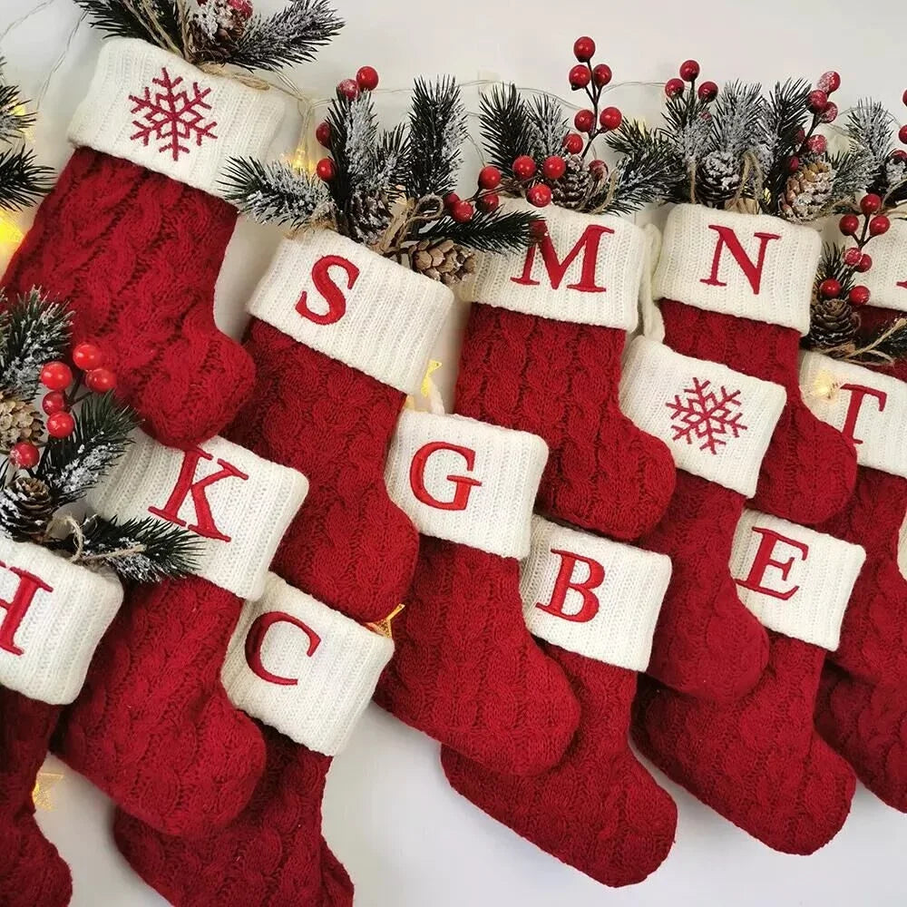 Knitted Christmas Stocking – Snowflake & Letter Design | 2025 Xmas Tree Hanging Socks Home Decor & New Year 2026 Gift
