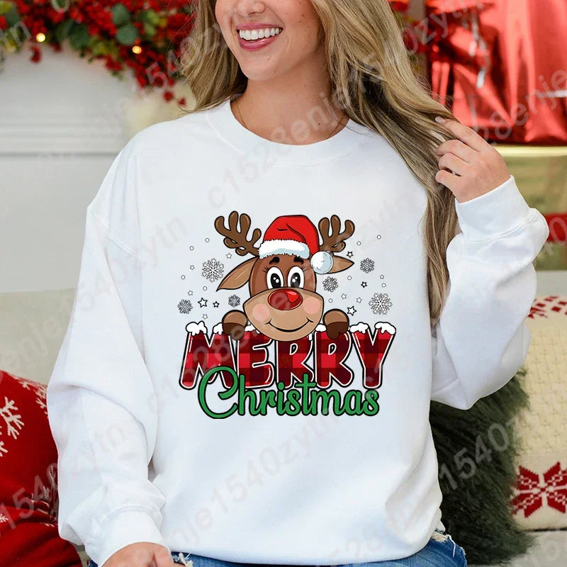 Women’s Festive Christmas Reindeer & Plaid Graphic Sweatshirt – Casual Long Sleeve Crew Neck Winter Top