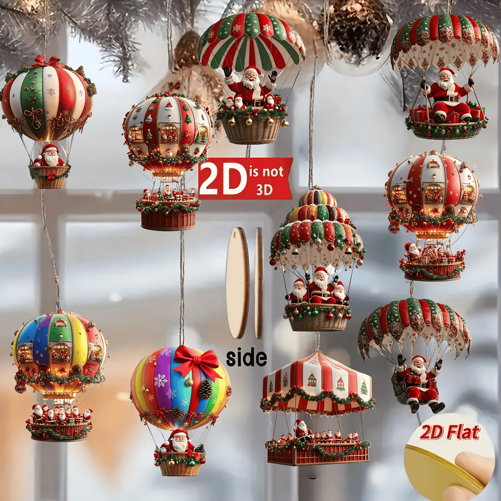10pcs Wooden Hot Air Balloon Santa Claus Ornaments – 2D Flat Christmas Tree Decorations 2025