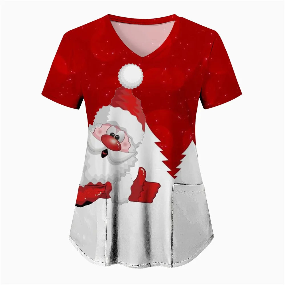 Women’s Christmas Nursing Scrub Top – V-Neck Short Sleeve Medical Uniform Blouse with Pockets
