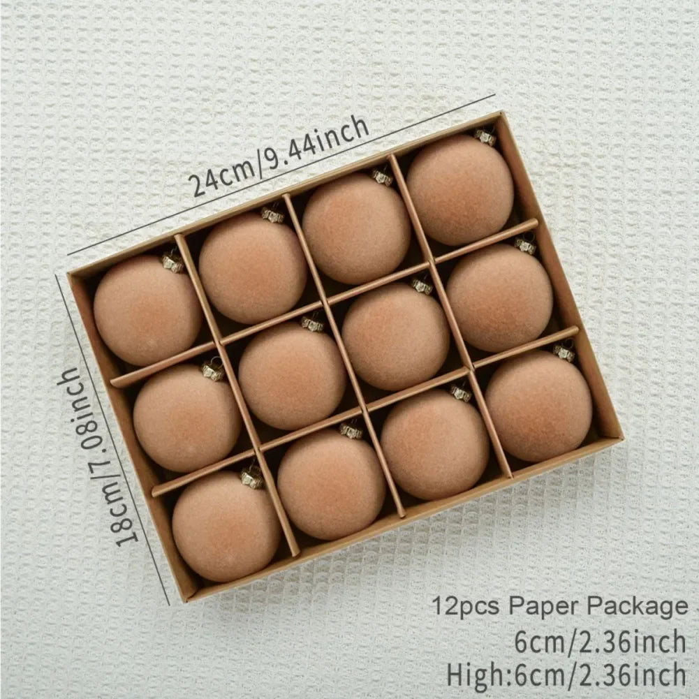 12 pcs Velvet Christmas Balls Set – 6cm Tree Ornaments with Gift Box | 2025 Xmas & New Year 2026 Decorative Baubles