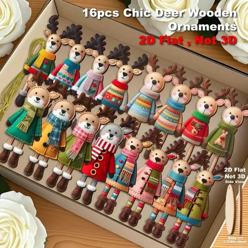 Colorful Wooden Reindeer Ornaments – 16pcs Christmas 2025 Hanging Decorations