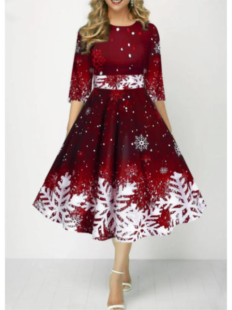 Autumn Winter New Snowflake Digital Print Women's 3/4sleeves Christmas Dress Fashion Waist Elegant Female A Line Christmas Dress