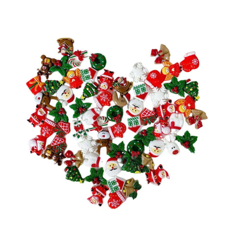 50pcs Resin Christmas Flatbacks – Mixed Santa, Snowman, Snowflake, Holly & Tree Cabochons for DIY Crafts