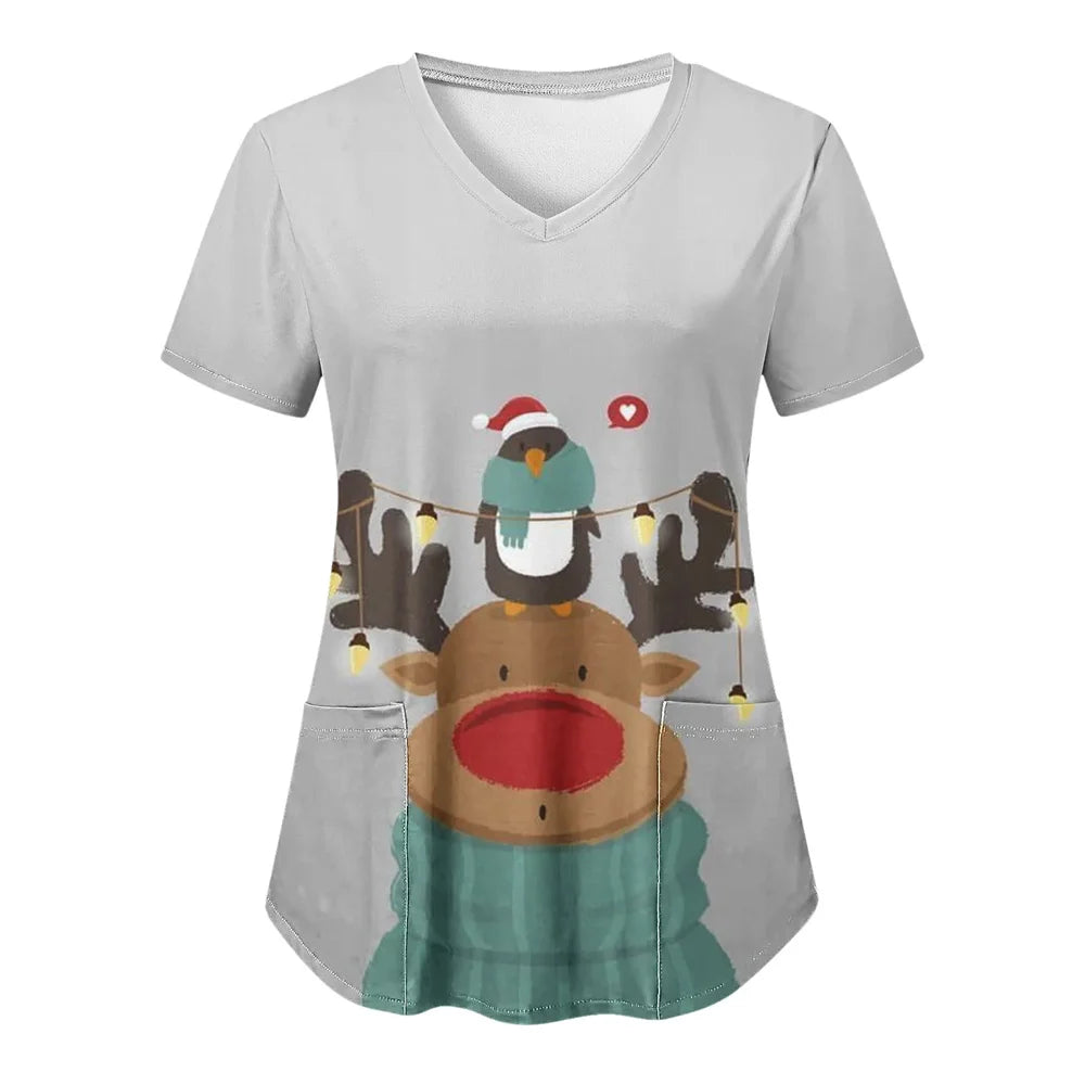 Women’s Christmas Nursing Scrub Top – V-Neck Short Sleeve Medical Uniform Blouse with Pockets